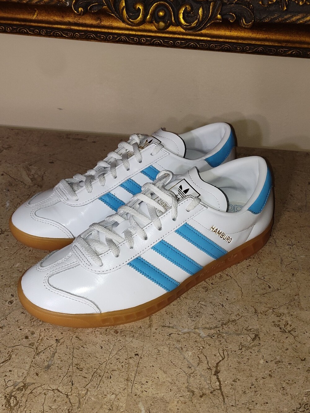Adidas Hamburg Women's White Leather Sneakers with Light Blue Stripes